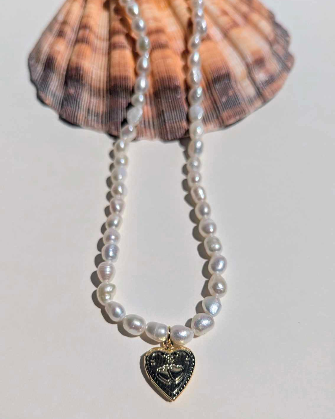pearl necklace with photo heart locket charm