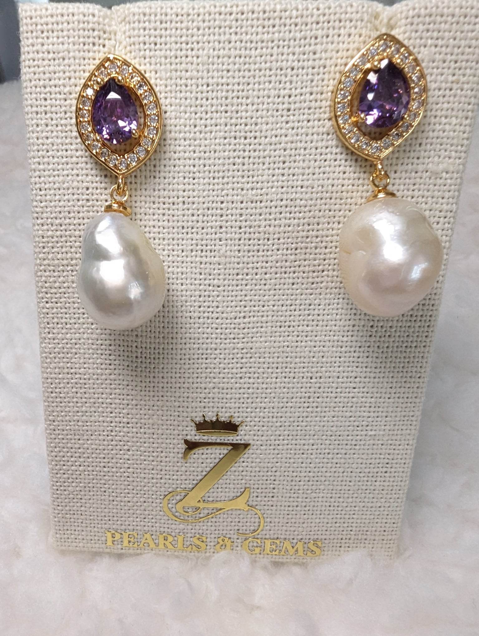 Vera Baroque South Sea Pearl Earrings with CZ & colored stones