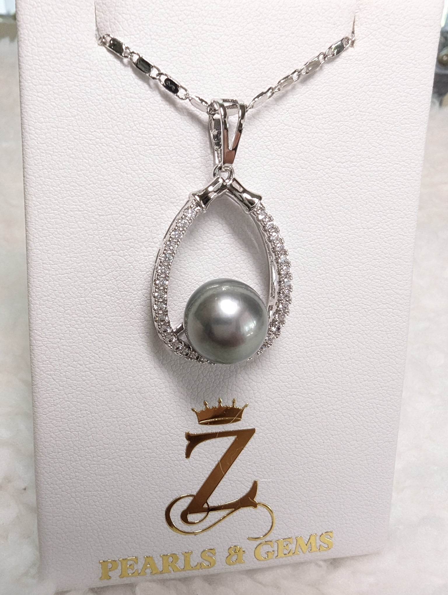 Dark greenish gray South Sea Pearl with CZ stones pendant and necklace