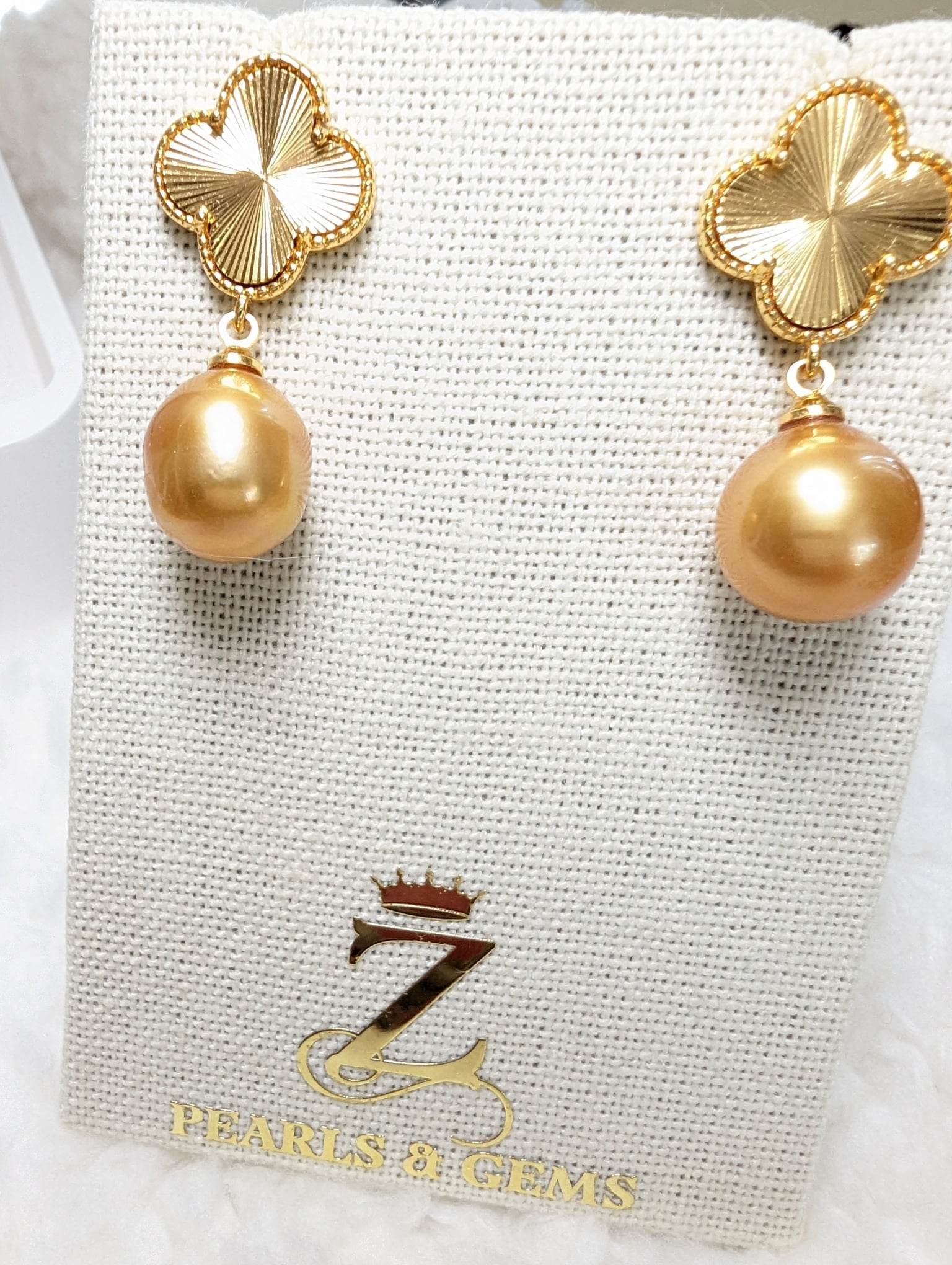 Gold Clover South Sea Pearl Earrings