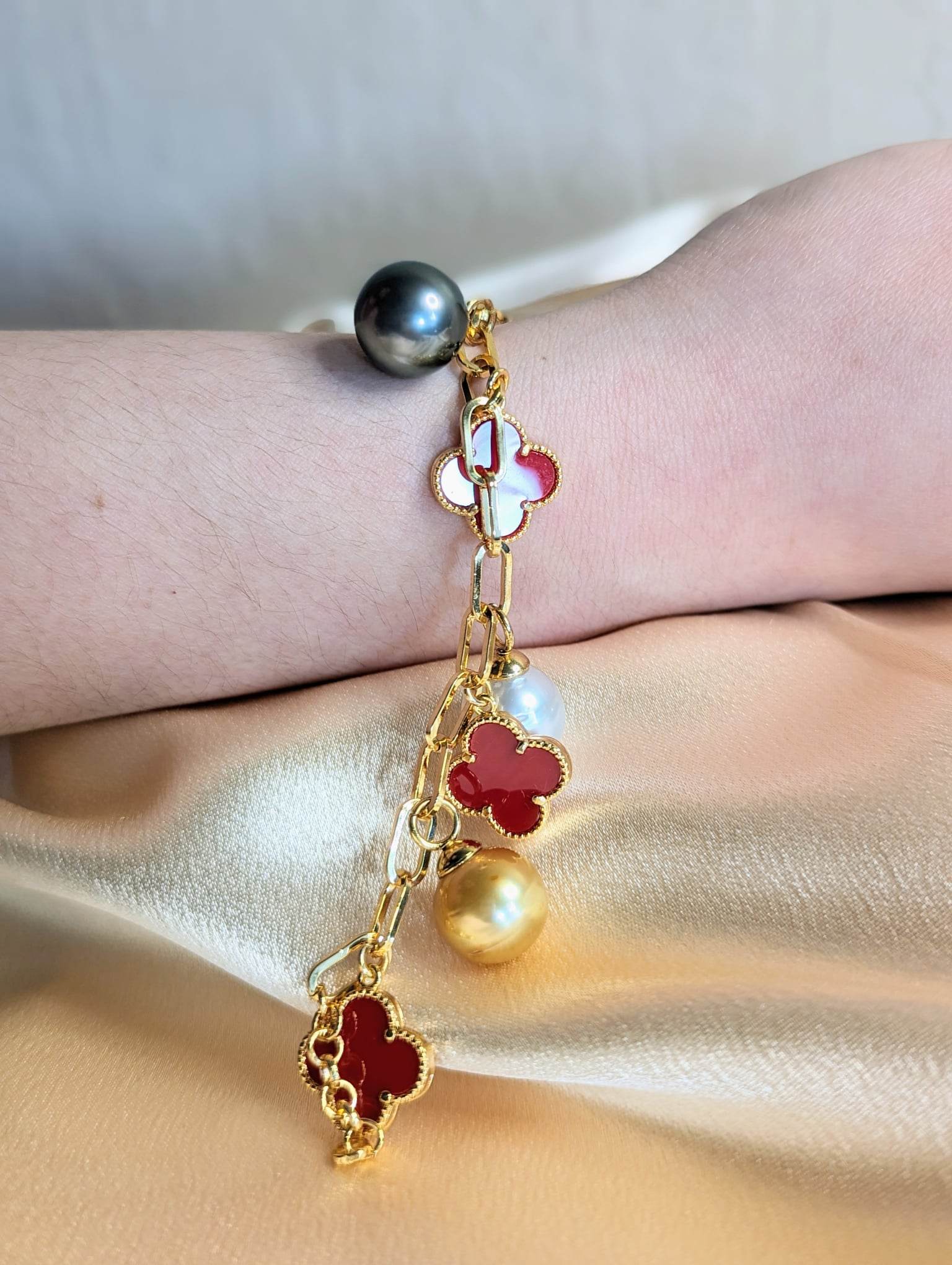 Red Clover Charm South Sea Pearl Bracelet Collection | Z Pearls & Gems