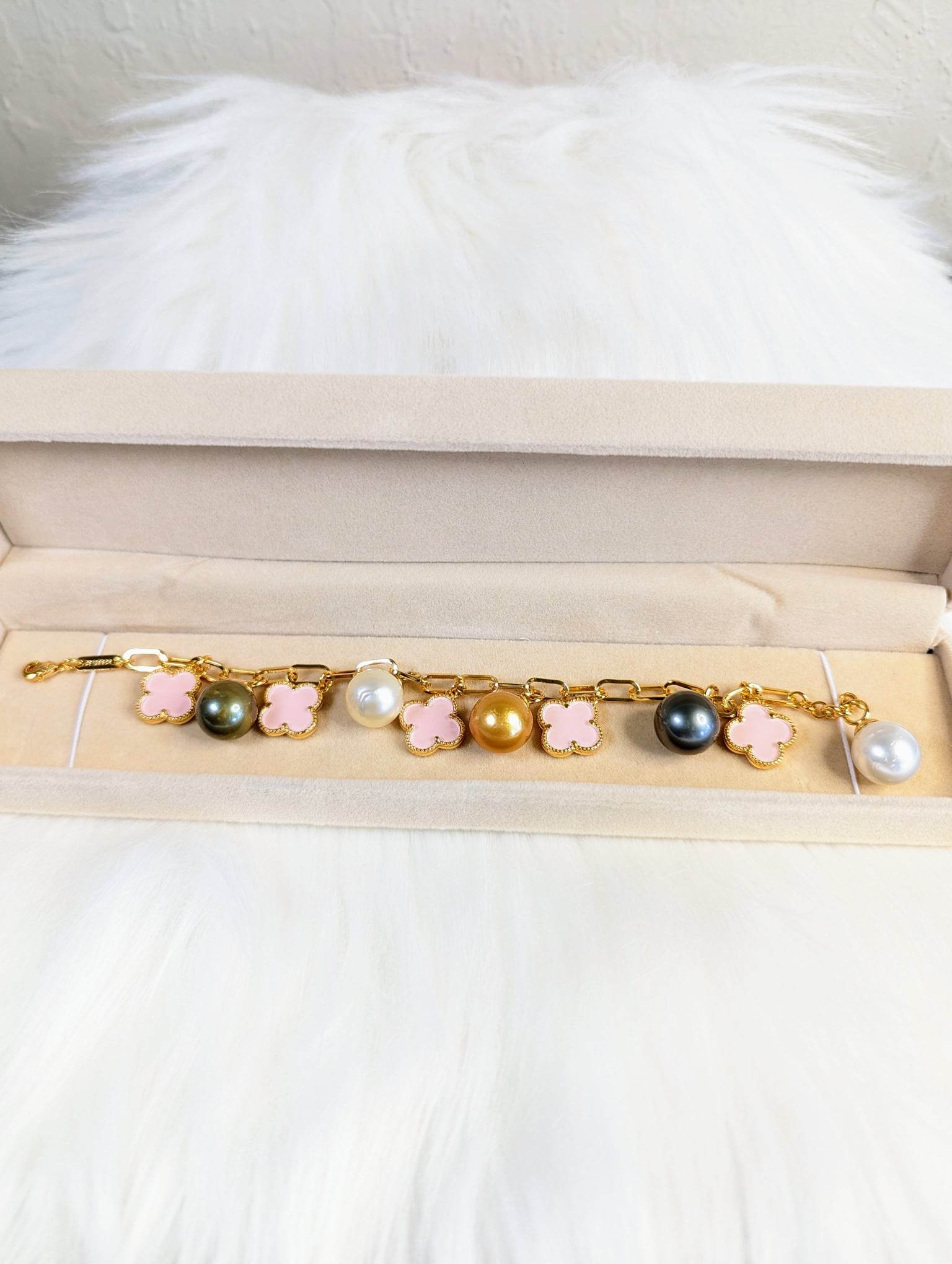 Pink Clover Charm South Sea Pearl Bracelet Collection | Z Pearls & Gems