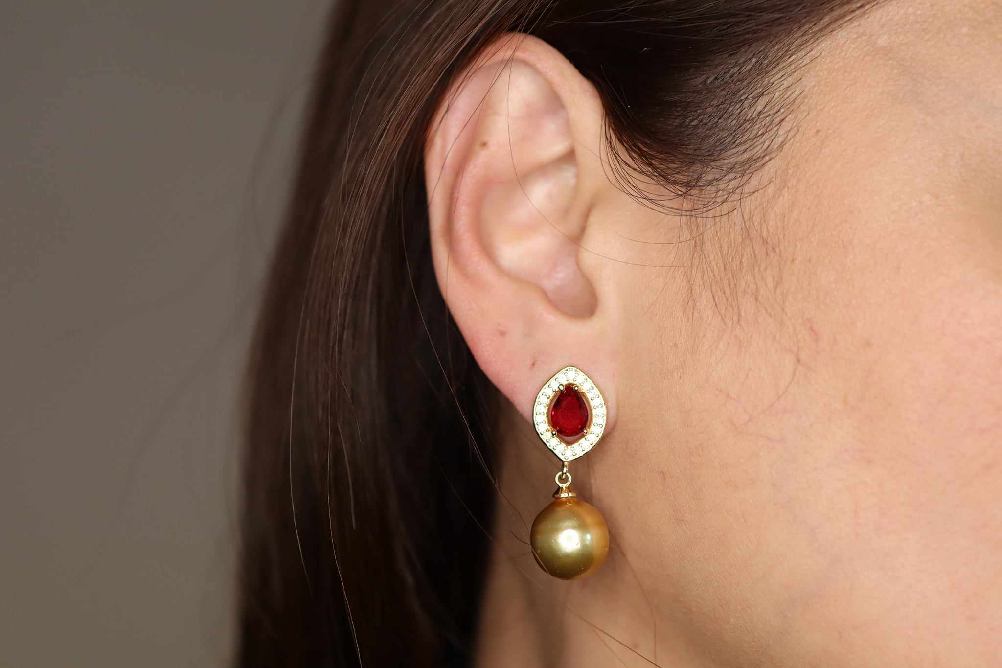 Rosalie Golden South Sea Pearl Earrings with Red & CZ stones