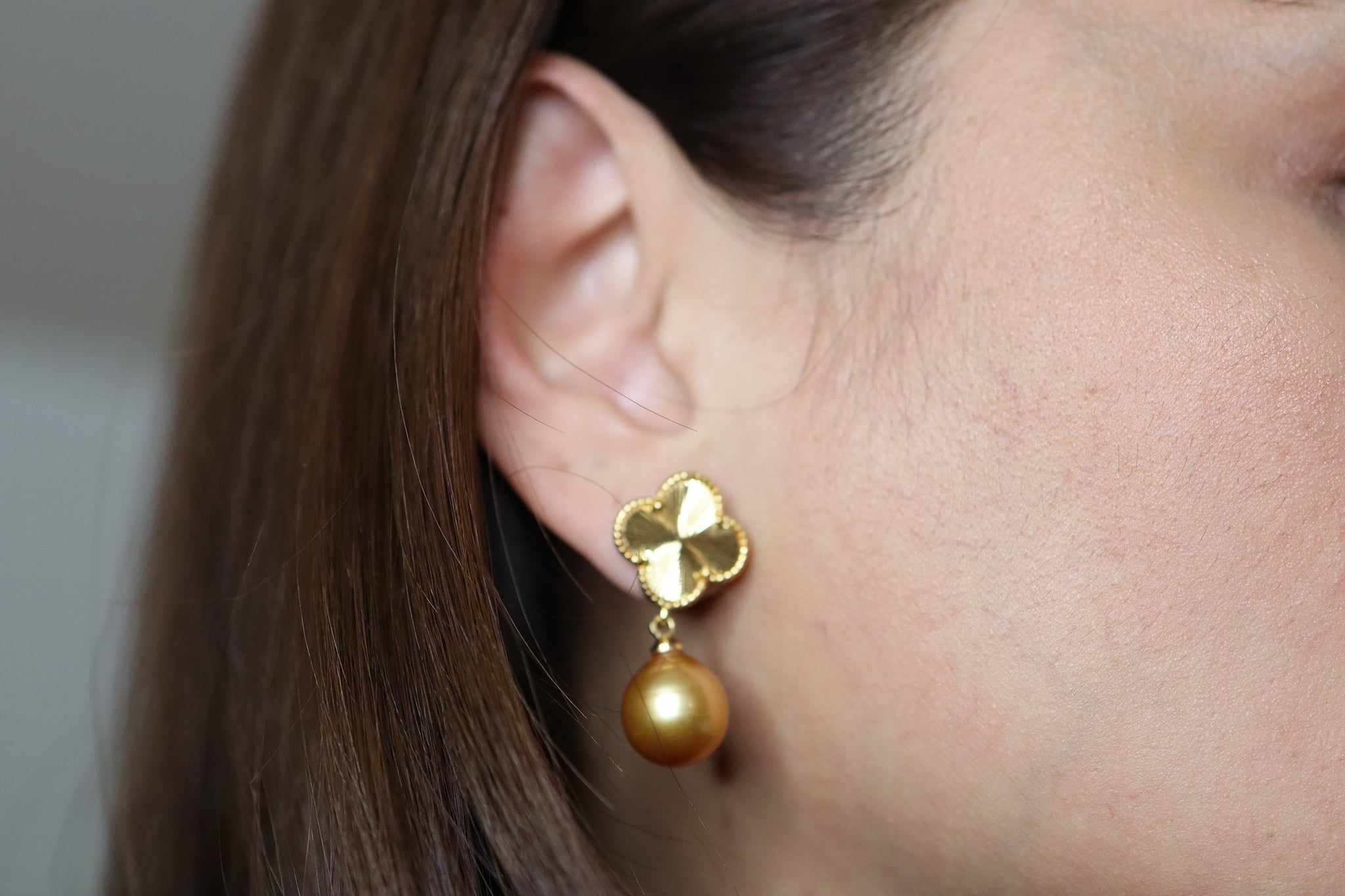 Gold Clover South Sea Pearl Earrings