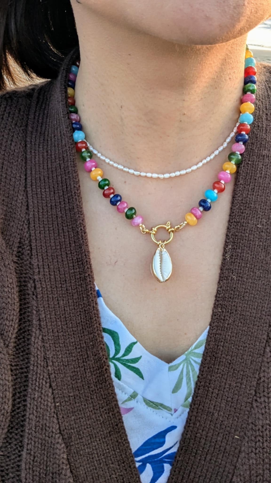 Colorful gemstone necklace with shell pendant
