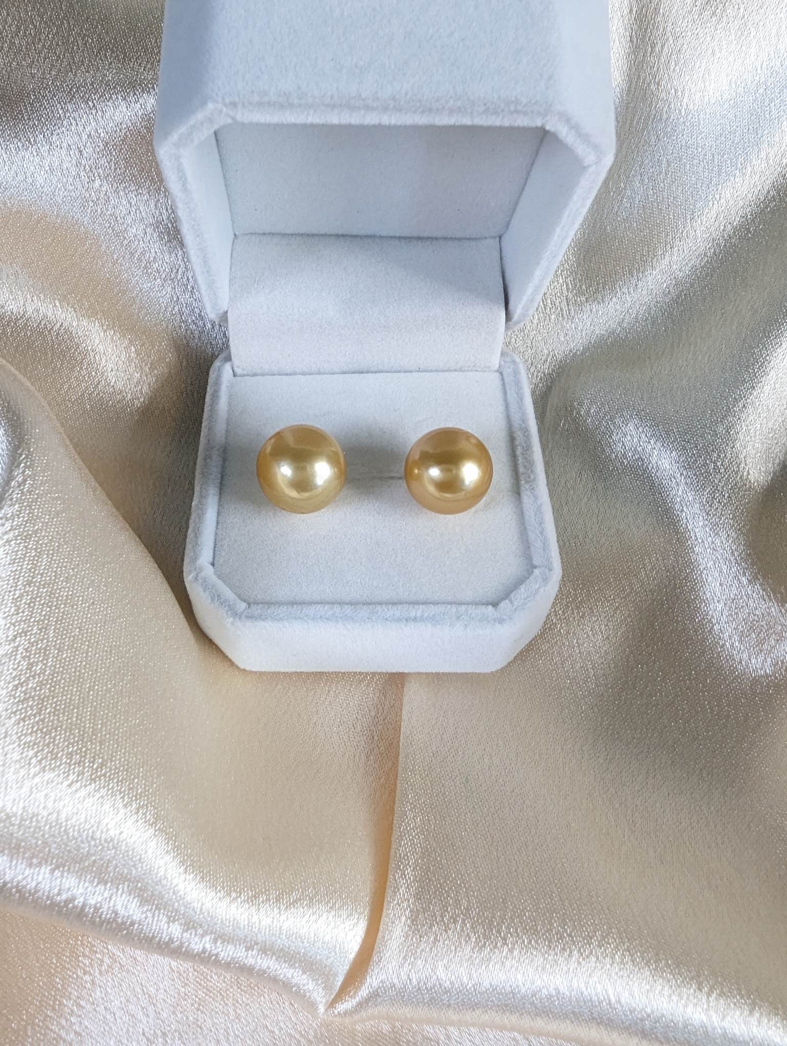 South Sea Pearl 12 mm size Stud Earrings in 14 karat solid gold settings with lifters